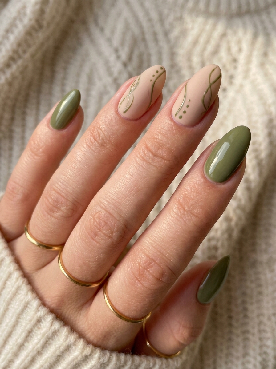 Olive Nude Combo Nails als olivgrüne Herbstmaniküre 2026